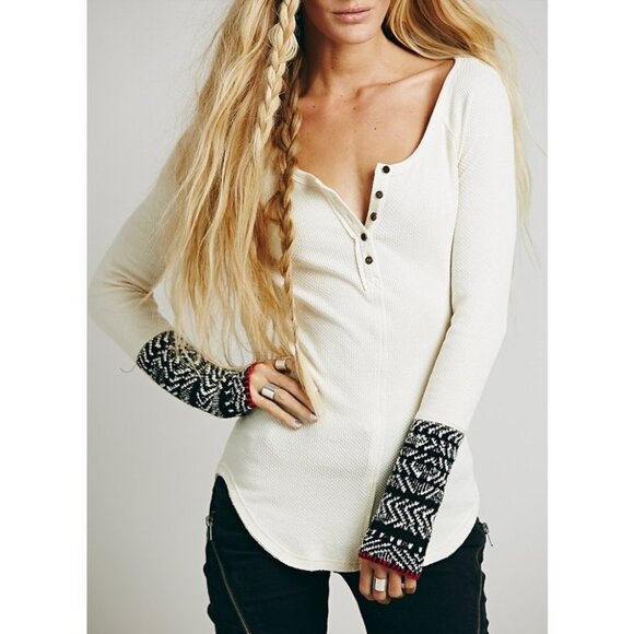 Free People Alpine Cuff Newbie Thermal Henley Waffle Knit in Ivory - Picture 1 of 13